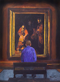 The painting of Larry Gerbens & Rembrandt by Don Prys is for sale as a fine art giclee print from Eyekons. The painting portrays Larry Gerbens contemplating Rembrandts famous painting of The Prodigal Son. It was inspired by the writings of Henri Noowen in Return of the Prodigal Son. Eyekons offers this and other fine art giclee prints of original art from The Father and His Two Sons - Images Inspired by the Prodigal Son. 