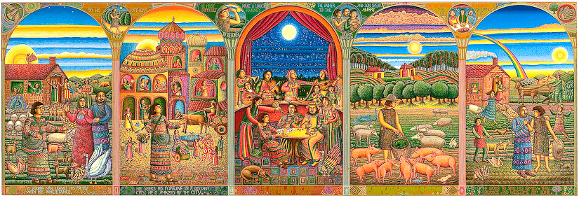 The John August Swanson serigraph "Story of the Prodigal Son" is for sale from Eyekons Gallery. The serigraph "Story of the Prodigal Son" by John Swanson beautifully illustrates Jesus parable from Luke 15:11-32. Swanson portrays the story of the Prodigal Son in five panels, each depicting a stage in the Prodigals journey. It portrays themes of greed & regret, sin & redemption, jealousy & acceptance and most importantly, compassionate forgiveness. For, as the father said, "this son of mine was dead and is alive again; he was lost and is found." Eyekons is a source for creative, contemporary Christian art.