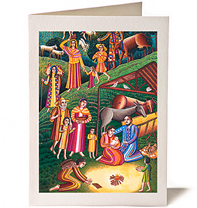 John August Swanson Christmas Card Jesus is Born of a detail from his serigraph Nativity inspired by the Birth of Jesus as told in Matthew 1:18-25 and Luke 2:1-20. Jesus is Born Christmas Card - by John Swanson - a detail from his serigraph Nativity inspired by the Birth of Jesus as told in Matthew 1 and Luke 2