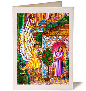 John August Swanson Christmas Card The Annunciation of a detail from his painting of the Annunciation to Mary inspired by Archangel Gabriels visit to the virgin Mary as told in Luke 1:26-38. The Annunciation Christmas Card - by John Swanson - a detail from his painting Annunciation inspired by the Annunciation to Mary as told in Luke 1:26-38