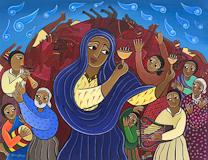 Laura James, Miriams Song Make a Joyful Noise, Ethiopian Iconography painting, link to Artist Home Page