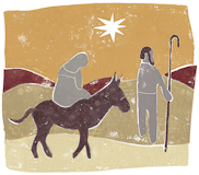 Scott Laumann, Mary and Joseph, Block Print, link to Artist Home Page