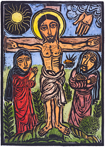 Crucifixion, by Solomon Raj - Hand-colored Woodblock print is available as a stock image from Eyekons Stock Image Bank and Church Image Bank.