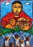 Bread from Heaven, by Solomon Raj - Hand-colored Woodblock print is available as a stock image from Eyekons Stock Image Bank and Church Image Bank.