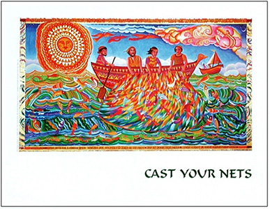 The poster of Cast Your Nets by John August Swanson illustrates the story from Luke 5 when Jesus guided Simon and the fishermen to a truly miraculous catch of fish, calling his disciples to be "fishers of men." The John August Swanson poster of Cast Your Nets is for sale from Eyekons Gallery, www.eyekons.com.