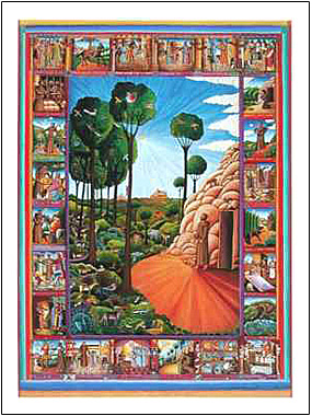 The poster of St. Francis of Assisi by John August Swanson is for sale from Eyekons Gallery, www.eyekons.com. St. Francis of Assisi poster by John August Swanson is a beautiful visual narrative of the life of this much-loved saint. In the large center panel Francis stands at the door of his cave surrounded by his animal kingdom. Miniatures surround the main image, illustrating the life of St. Francis.