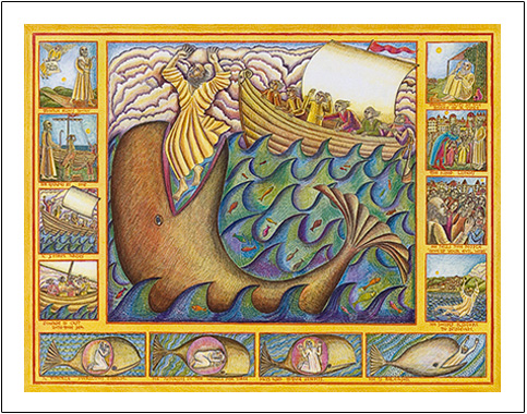 John August Swansons poster of Jonah and the Whale wonderfully illustrates the story Jonah being eaten by the whale, spending three nights in its belly and then being tossed up on shore. Jonah then heeds Gods call and goes to reform Nineveh.