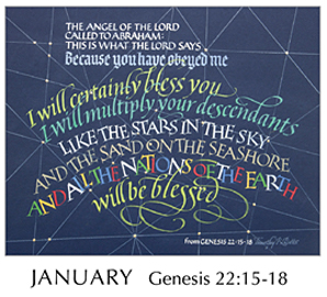 Morning Light – The Good News of the Gospel - 2019 Calendar by Tim Botts - Jan - Genesis 22-15-18 – Calligraphy by Tim Botts – available at www.eyekons.com