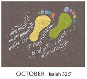Morning Light – The Good News of the Gospel - 2019 Calendar by Tim Botts - October - Isaiah 52-7 – Calligraphy by Tim Botts – available at www.eyekons.com